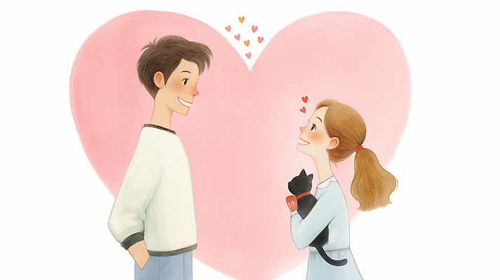 JPG 커플 여자 남자 행복 분홍색 일러스트 안기 사랑 미소 상반신 성인 두명 고양이 하트 주머니손 성인만 국내일러스트 AI일러스트 AI콘텐츠 모양 감정 컬러 포유류 관계 모션 표정 사람 반려동물 파일형식