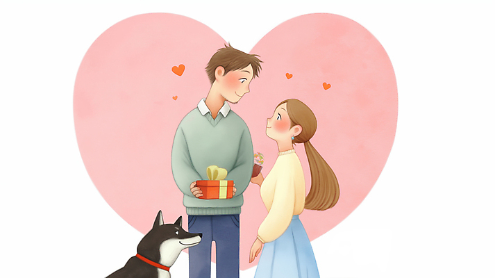 JPG 커플 여자 남자 행복 화분 분홍색 일러스트 사랑 미소 들기 상반신 성인 두명 선물상자 하트 강아지 성인만 국내일러스트 AI일러스트 AI콘텐츠 모양 감정 컬러 관계 모션 표정 선물 사람 반려동물 상자 개 파일형식