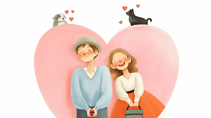 JPG 모자 커플 여자 남자 행복 분홍색 일러스트 선물 사랑 미소 들기 상반신 성인 두명 고양이 하트 강아지 성인만 국내일러스트 AI일러스트 AI콘텐츠 모양 잡화 감정 컬러 포유류 관계 모션 표정 사람 반려동물 개 파일형식