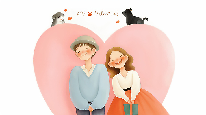 JPG 모자 커플 여자 남자 행복 분홍색 일러스트 선물 사랑 미소 들기 상반신 성인 두명 고양이 하트 강아지 성인만 국내일러스트 AI일러스트 AI콘텐츠 모양 잡화 감정 컬러 포유류 관계 모션 표정 사람 반려동물 개 파일형식