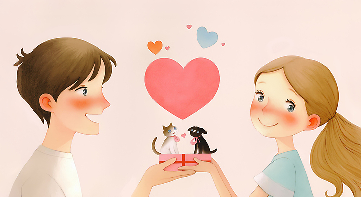 JPG 커플 여자 남자 행복 분홍색 일러스트 선물 사랑 미소 들기 상반신 성인 두명 고양이 하트 강아지 성인만 국내일러스트 AI일러스트 AI콘텐츠 모양 감정 컬러 포유류 관계 모션 표정 사람 반려동물 개 파일형식