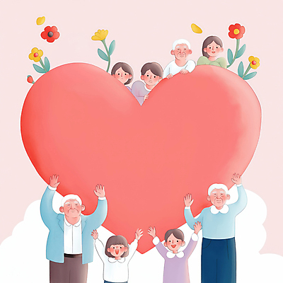 JPG 여자 할아버지 노년 남자 꽃 행복 어린이 분홍색 일러스트 가족 청소년 손자 손녀 미소 소녀 소년 여러명 상반신 손들기 하트 국내일러스트 AI일러스트 AI콘텐츠 모양 식물 감정 컬러 다수 관계 모션 표정 사람 성인 손주 파일형식