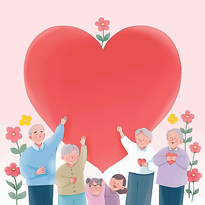 JPG 여자 할아버지 노년 남자 꽃 행복 할머니 어린이 분홍색 중년 일러스트 미소 들기 소녀 여러명 상반신 손들기 하트 국내일러스트 AI일러스트 AI콘텐츠 모양 식물 감정 컬러 다수 모션 표정 사람 성인 파일형식