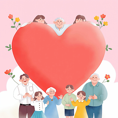 JPG 여자 할아버지 노년 남자 꽃 행복 할머니 어린이 분홍색 중년 일러스트 가족 미소 소녀 여러명 상반신 성인 손들기 하트 손모으기 국내일러스트 AI일러스트 AI콘텐츠 모양 식물 감정 컬러 다수 관계 모션 표정 사람 손짓 파일형식