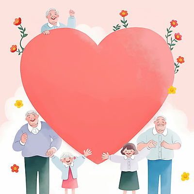 JPG 여자 할아버지 노년 남자 꽃 행복 어린이 분홍색 일러스트 미소 소녀 여러명 상반신 손들기 손잡기 하트 국내일러스트 AI일러스트 AI콘텐츠 모양 식물 감정 컬러 다수 모션 표정 사람 성인 파일형식