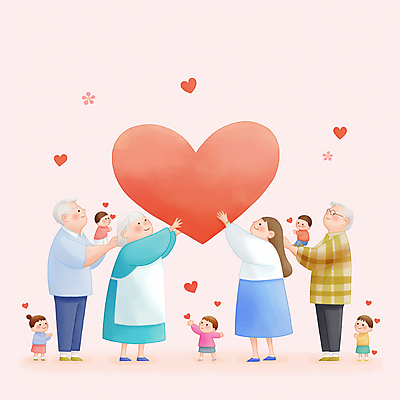 JPG 전신 여자 할아버지 노년 남자 행복 할머니 어린이 분홍색 일러스트 가족 손자 손녀 미소 들기 소녀 소년 여러명 성인 하트 국내일러스트 AI일러스트 AI콘텐츠 모양 감정 컬러 다수 관계 모션 표정 사람 손주 파일형식