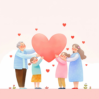 JPG 전신 여자 남자 꽃 행복 어린이 분홍색 일러스트 가족 미소 들기 소녀 여러명 성인 부모 하트 국내일러스트 AI일러스트 AI콘텐츠 모양 식물 감정 컬러 다수 관계 모션 표정 사람 파일형식