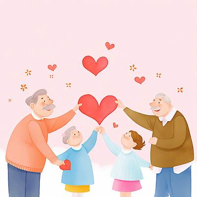 JPG 여자 할아버지 노년 남자 행복 어린이 분홍색 일러스트 미소 들기 소녀 여러명 상반신 손잡기 하트 국내일러스트 AI일러스트 AI콘텐츠 모양 감정 컬러 다수 모션 표정 사람 성인 파일형식