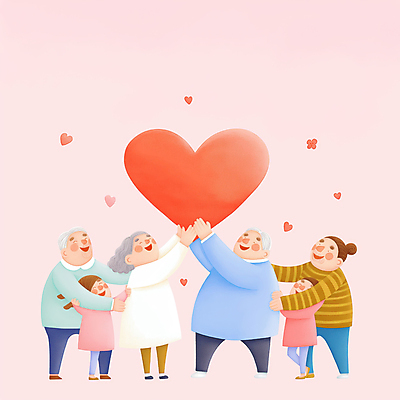 JPG 전신 여자 할아버지 노년 남자 행복 할머니 어린이 분홍색 일러스트 가족 손자 손녀 미소 들기 소녀 소년 여러명 성인 하트 국내일러스트 AI일러스트 AI콘텐츠 모양 감정 컬러 다수 관계 모션 표정 사람 손주 파일형식