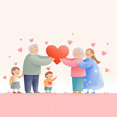 JPG 전신 여자 할아버지 노년 남자 행복 할머니 어린이 분홍색 일러스트 가족 손자 손녀 미소 들기 소녀 소년 여러명 성인 하트 어깨에손 국내일러스트 AI일러스트 AI콘텐츠 모양 감정 컬러 다수 관계 모션 표정 사람 손주 파일형식