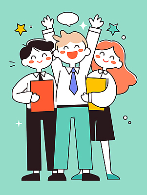 전신 여자 남자 말풍선 일러스트 비즈니스 넥타이 협력 직장 미소 들기 청년 세명 만세 직장인 그룹 동료 서류파일 청년만 국내일러스트 AI파일 직업 잡화 회사 관계 모션 표정 사람 성인 사무용품 성인만 파일형식 벡터