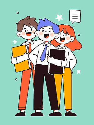 전신 여자 남자 허리손 말풍선 일러스트 비즈니스 넥타이 협력 직장 미소 들기 청년 세명 직장인 그룹 동료 서류파일 청년만 국내일러스트 AI파일 직업 잡화 포즈 회사 관계 모션 표정 사람 성인 사무용품 성인만 파일형식 벡터