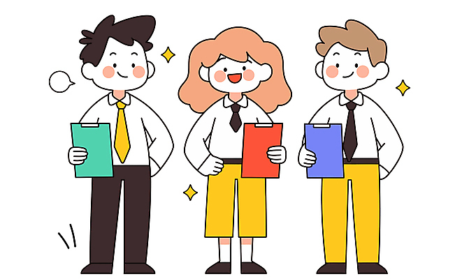 전신 여자 남자 허리손 말풍선 일러스트 비즈니스 넥타이 협력 직장 미소 들기 청년 세명 반짝임 직장인 그룹 동료 서류파일 청년만 국내일러스트 AI파일 직업 잡화 포즈 회사 관계 모션 표정 사람 성인 사무용품 성인만 파일형식 벡터