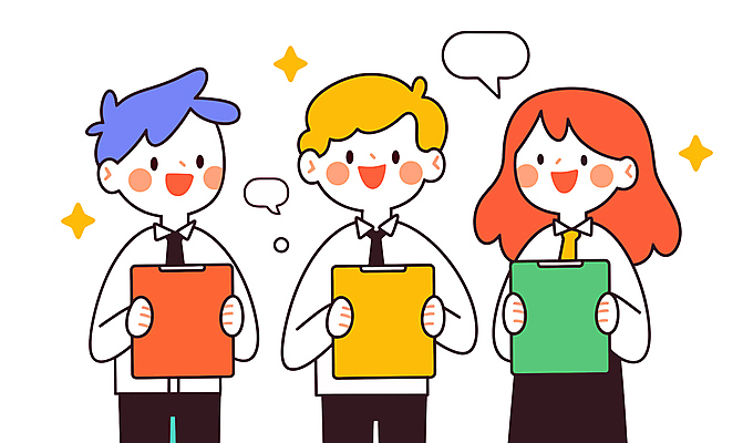 여자 남자 말풍선 일러스트 비즈니스 넥타이 협력 직장 미소 들기 상반신 청년 세명 반짝임 직장인 그룹 동료 서류파일 청년만 국내일러스트 AI파일 직업 잡화 회사 관계 모션 표정 사람 성인 사무용품 성인만 파일형식 벡터