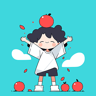 전신 구름 여자 행복 어린이 하늘색 잎 일러스트 한명 웃음 소녀 손들기 사과 머리위 활기 소녀한명만 국내일러스트 AI파일 자연요소 식물 1 감정 컨셉 과일 모션 표정 사람 파란색 여자한명만 소녀만 파일형식 벡터