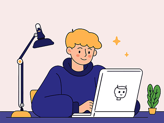 남자 화분 일러스트 전등 한명 미소 앉기 상반신 성인 노트북 보라색 업무 로봇 재택근무 프로젝트 성인남자한명만 미니멀 국내일러스트 AI파일 1 컬러 비즈니스 모션 조명 표정 사람 전자제품 작업 남자한명만 성인남자만 파일형식 벡터