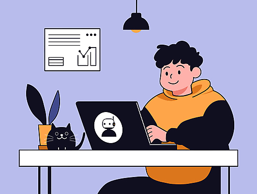 남자 화분 일러스트 전등 한명 미소 앉기 상반신 성인 노트북 보라색 고양이 업무 로봇 재택근무 프로젝트 성인남자한명만 미니멀 국내일러스트 AI파일 1 컬러 비즈니스 포유류 모션 조명 표정 사람 전자제품 반려동물 작업 남자한명만 성인남자만 파일형식 벡터