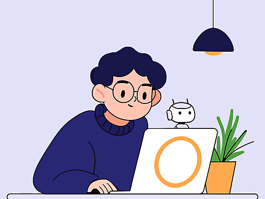 남자 화분 안경 일러스트 전등 한명 미소 앉기 상반신 성인 노트북 보라색 업무 로봇 재택근무 프로젝트 성인남자한명만 미니멀 국내일러스트 AI파일 1 잡화 컬러 비즈니스 모션 조명 표정 사람 전자제품 작업 남자한명만 성인남자만 파일형식 벡터