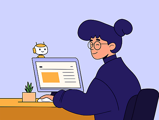 여자 화분 일러스트 한명 미소 앉기 상반신 성인 노트북 보라색 마우스 업무 로봇 재택근무 프로젝트 성인여자한명만 미니멀 국내일러스트 AI파일 1 컬러 비즈니스 모션 표정 사람 전자제품 컴퓨터용품 작업 여자한명만 성인여자만 파일형식 벡터