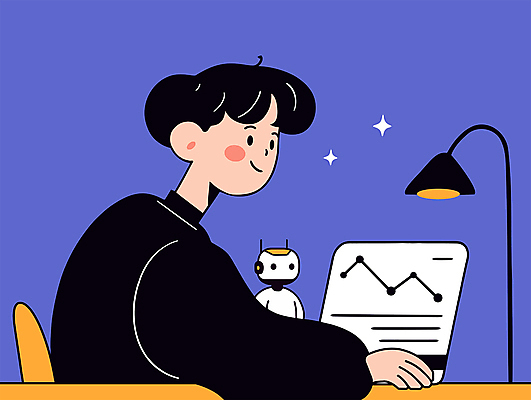 남자 일러스트 전등 한명 미소 앉기 상반신 성인 노트북 보라색 업무 로봇 재택근무 프로젝트 성인남자한명만 미니멀 국내일러스트 AI파일 1 컬러 비즈니스 모션 조명 표정 사람 전자제품 작업 남자한명만 성인남자만 파일형식 벡터