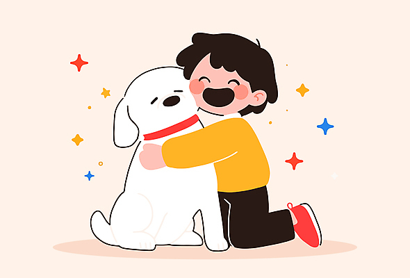 전신 남자 행복 어린이 일러스트 포옹 한명 웃음 소년 반짝임 우정 하트 강아지 목줄 베이지색 소년한명만 유대감 국내일러스트 AI파일 모양 1 감정 컬러 안기 모션 표정 사람 친구 반려동물 개 남자한명만 소년만 파일형식 벡터 반려용품