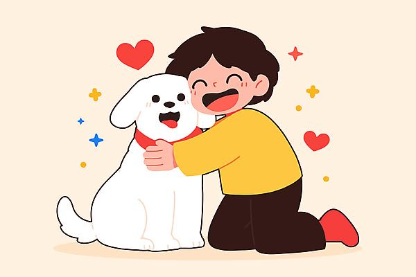 남자 행복 어린이 일러스트 포옹 한명 웃음 소년 반짝임 우정 하트 강아지 목줄 베이지색 소년한명만 유대감 국내일러스트 AI파일 모양 1 감정 컬러 안기 모션 표정 사람 친구 반려동물 개 남자한명만 소년만 파일형식 벡터 반려용품