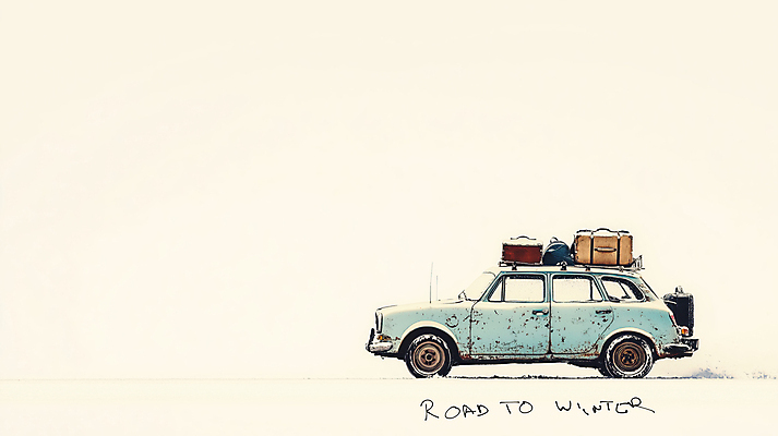 JPG 일러스트 자동차 휴가 사람없음 고요 드라이브 짐 눈 빈티지 겨울여행 복고 베이지색 카피스페이스 국내일러스트 AI일러스트 AI콘텐츠 자연요소 육상교통 컬러 여행 컨셉 겨울 날씨 공백 운전 파일형식