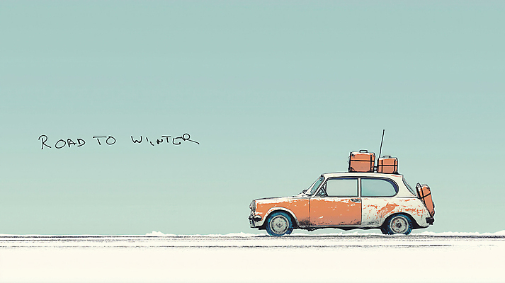 JPG 일러스트 휴가 사람없음 주황색 고요 드라이브 짐 빈티지 겨울여행 복고 청록색 눈길 카피스페이스 국내일러스트 AI일러스트 AI콘텐츠 길 컬러 여행 컨셉 겨울 눈_날씨 공백 운전 파일형식