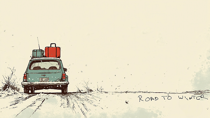 JPG 일러스트 자동차 휴가 사람없음 고요 드라이브 짐 빈티지 겨울여행 복고 눈길 베이지색 카피스페이스 국내일러스트 AI일러스트 AI콘텐츠 길 육상교통 컬러 여행 컨셉 겨울 눈_날씨 공백 운전 파일형식