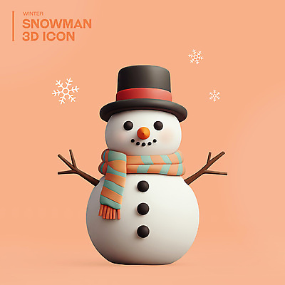 PSD 아이콘 모자 크리스마스 겨울 눈사람 단추 미소 사람없음 3D아이콘 3D 주황색 목도리 눈송이 편집3D 잡화 계절 기념일 컬러 눈_날씨 표정 디지털합성 파일형식