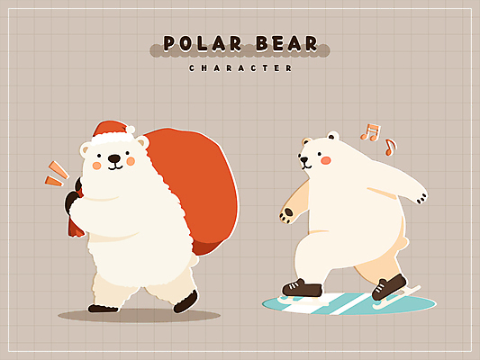 동물캐릭터 스티커 음표 일러스트 산타모자 그림자 미소 들기 사람없음 걷기 귀여움 스케이트 북극곰 자루 빙판 일러캐릭터 AI파일 동물 캐릭터 모자_잡화 기호 음악 스포츠용품 컨셉 크리스마스 곰 모션 표정 파일형식 벡터