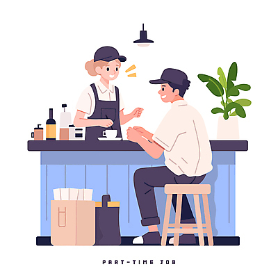 전신 식물 모자 여자 남자 화분 의자 가방 일러스트 조명 잔 대화 들기 성인 두명 손들기 앞치마 카페 병 커피잔 계산대 아르바이트 성인만 국내일러스트 AI파일 식기 잡화 커피 가구 모션 말하기 사람 상점 파일형식 벡터