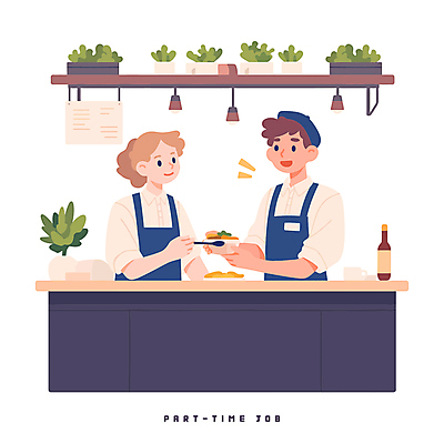 식물 접시 여자 남자 화분 음식 일러스트 조명 선반 대화 미소 들기 성인 두명 주방 숟가락 앞치마 카페 병 메뉴판 아르바이트 성인만 국내일러스트 AI파일 식기 가구 모션 수저 표정 말하기 사람 상점 파일형식 벡터