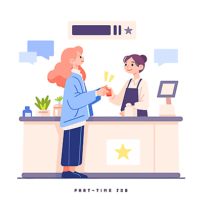 전신 식물 여자 화분 말풍선 일러스트 미소 들기 성인 두명 마주보기 잡기 신용카드 병 종업원 계산대 고객 주기 아르바이트 편의점 성인여자만 국내일러스트 AI파일 직업 식기 모션 표정 사람 금융 상점 여자만 성인만 파일형식 벡터