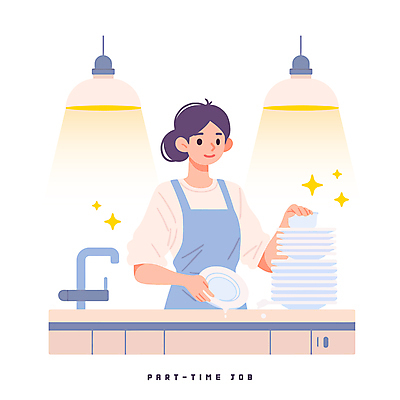 그릇 접시 여자 일러스트 조명 한명 미소 들기 성인 반짝임 주방 앞치마 설거지 싱크대 수도꼭지 아르바이트 성인여자한명만 국내일러스트 AI파일 1 식기 가사 모션 표정 사람 개수대 여자한명만 성인여자만 파일형식 벡터