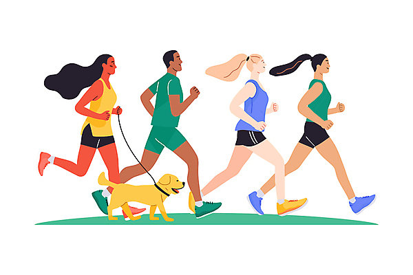 전신 여자 남자 일러스트 웃음 여러명 성인 야외 운동복 달리기 조깅 잡기 개 즐거움 활기 목줄 러닝 성인만 국내일러스트 AI파일 옷 감정 다수 컨셉 포유류 모션 표정 사람 운동 파일형식 벡터 반려용품