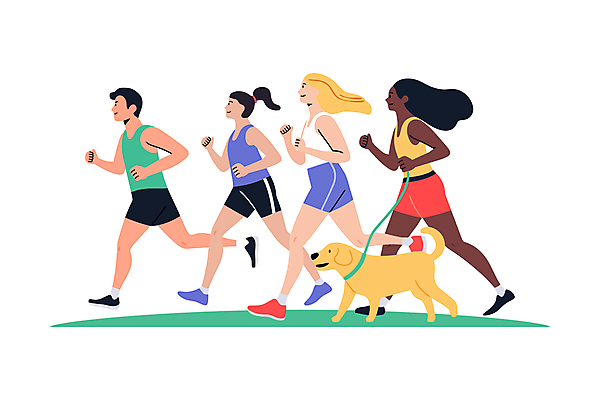 전신 여자 남자 일러스트 웃음 여러명 성인 야외 운동복 달리기 조깅 잡기 개 즐거움 활기 목줄 러닝 성인만 국내일러스트 AI파일 옷 감정 다수 컨셉 포유류 모션 표정 사람 운동 파일형식 벡터 반려용품