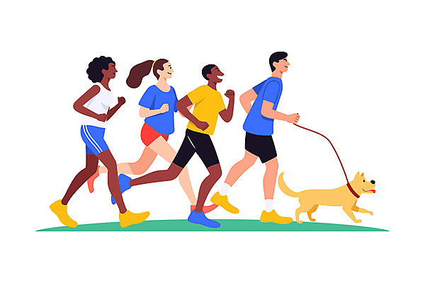 전신 여자 남자 일러스트 웃음 여러명 성인 야외 운동복 달리기 조깅 잡기 개 즐거움 활기 목줄 러닝 성인만 국내일러스트 AI파일 옷 감정 다수 컨셉 포유류 모션 표정 사람 운동 파일형식 벡터 반려용품