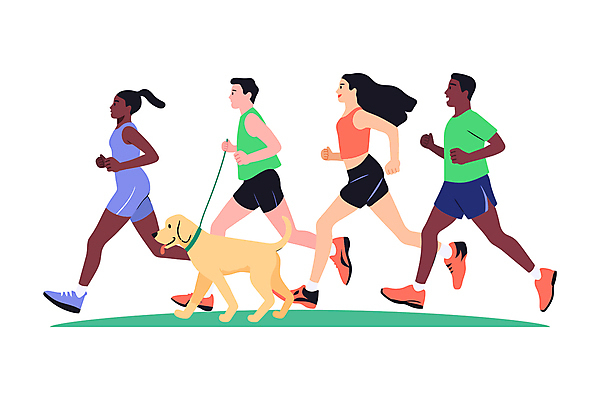 전신 여자 남자 일러스트 웃음 여러명 성인 야외 운동복 달리기 조깅 잡기 개 즐거움 활기 목줄 러닝 성인만 국내일러스트 AI파일 옷 감정 다수 컨셉 포유류 모션 표정 사람 운동 파일형식 벡터 반려용품