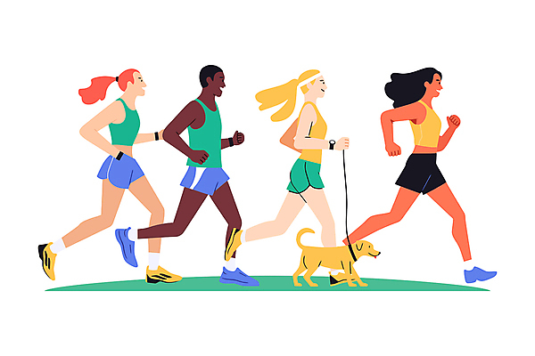 전신 여자 남자 일러스트 웃음 여러명 성인 야외 운동복 조깅 잡기 개 손목시계 즐거움 활기 목줄 러닝 성인만 국내일러스트 AI파일 옷 감정 시계 다수 컨셉 장신구 포유류 모션 표정 사람 운동 파일형식 벡터 반려용품