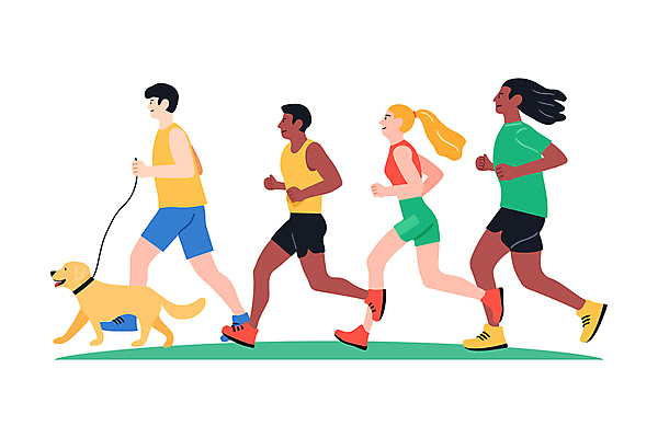 전신 여자 남자 일러스트 웃음 여러명 성인 야외 운동복 달리기 조깅 노란색 잡기 개 즐거움 활기 목줄 러닝 성인만 국내일러스트 AI파일 옷 감정 컬러 다수 컨셉 포유류 모션 표정 사람 운동 파일형식 벡터 반려용품