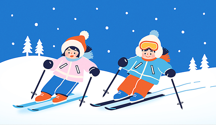 전신 나무 여자 남자 어린이 겨울 일러스트 스키 고글 털모자 미소 소녀 소년 두명 파란색 친구 목도리 잡기 스키복 폴 눈내림 어린이만 스키타기 국내일러스트 AI파일 식물 모자_잡화 잡화 옷 계절 컬러 관계 모션 겨울스포츠 눈_날씨 표정 사람 스키용품 파일형식 벡터