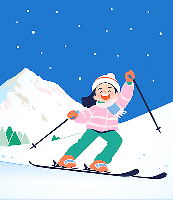 전신 나무 여자 어린이 겨울 일러스트 스키 털모자 한명 미소 소녀 파란색 손들기 목도리 잡기 스키복 털장갑 폴 눈내림 소녀한명만 스키타기 설산 국내일러스트 AI파일 식물 모자_잡화 1 잡화 옷 계절 컬러 장갑 모션 겨울스포츠 산 눈_날씨 표정 사람 스키용품 여자한명만 소녀만 파일형식 벡터