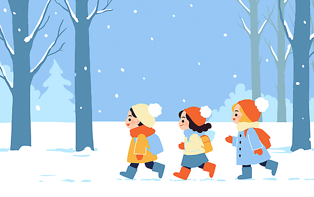 전신 나무 여자 남자 어린이 장갑 겨울 가방 일러스트 털모자 미소 소녀 세명 파란색 친구 소풍 걷기 목도리 숲속 쌓인눈 눈내림 어린이만 눈덮임 국내일러스트 AI파일 식물 모자_잡화 잡화 계절 컬러 컨셉 관계 모션 눈_날씨 표정 사람 야외활동 숲 파일형식 벡터