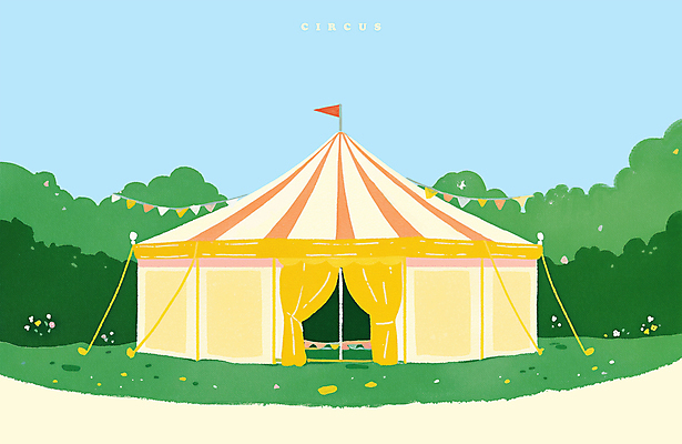 PSD 일러스트 하늘 텐트 이벤트 사람없음 장식 노란색 축제 깃발 숲속 서커스 즐거움 오브젝트 국내일러스트 감정 컬러 캠핑도구 숲 파일형식