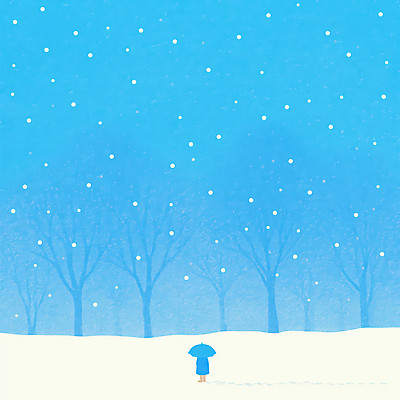 JPG 전신 나무 어린이 설경 일러스트 자연 하늘 한명 서기 들기 사람 뒷모습 파란색 고요 눈 쌓인눈 눈내림 눈덮임 국내일러스트 AI일러스트 AI콘텐츠 자연요소 식물 1 뷰포인트 컬러 컨셉 겨울 모션 날씨 눈_날씨 풍경 생태계 파일형식