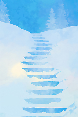 JPG 나무 설경 일러스트 자연 사람없음 파란색 계단 고요 눈 쌓인눈 눈내림 눈덮임 국내일러스트 AI일러스트 AI콘텐츠 자연요소 식물 컬러 컨셉 겨울 날씨 눈_날씨 풍경 생태계 파일형식