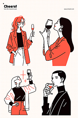 여자 남자 허리손 와인잔 일러스트 웃음 들기 여러명 성인 반짝임 축하 건배 주머니손 고개들기 다홍색 성인만 안경낌 국내일러스트 AI파일 안경 컬러 포즈 다수 컨셉 술잔 모션 표정 사람 파일형식 벡터