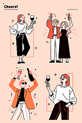 커플 여자 남자 허리손 와인잔 일러스트 폭죽 웃음 들기 여러명 성인 반짝임 선글라스 파티 주황색 축하 와인병 건배 주머니손 꽃가루 성인만 국내일러스트 AI파일 안경 컬러 포즈 다수 컨셉 술잔 관계 모션 병_용기 표정 사람 이벤트 와인 가루 파일형식 벡터