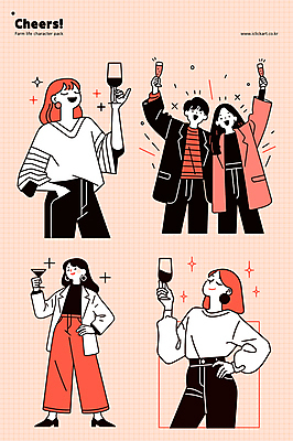 커플 여자 남자 허리손 와인잔 일러스트 웃음 들기 여러명 성인 반짝임 파티 와인 축하 샴페인 건배 주머니손 고개들기 다홍색 성인만 국내일러스트 AI파일 컬러 포즈 다수 컨셉 술잔 관계 모션 주류 표정 사람 이벤트 파일형식 벡터